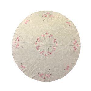 Vintage Handmade Round Tablecloth Used Cream with Pink and Brown